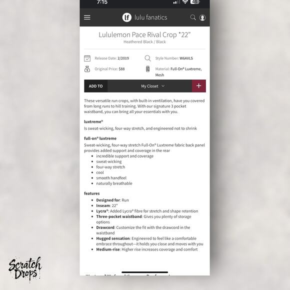 Lululemon Pace Rival Crop Leggings 22 Inch Black Size 4 High Rise Activewear - Picture 3 of 6